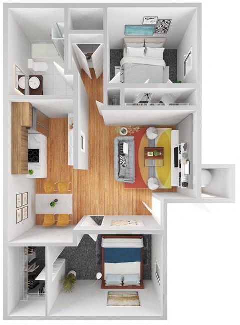 Floor plan for 2 beds, 1 bath, 884 sqft